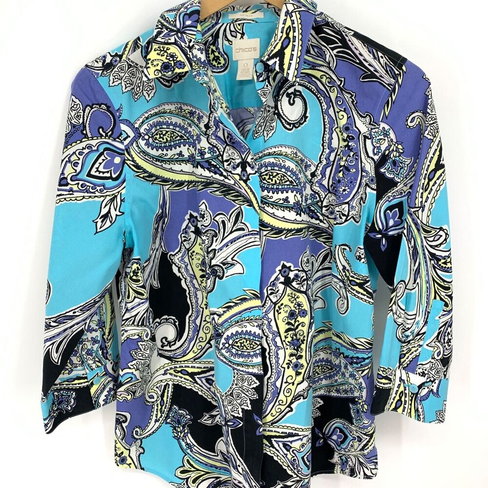 Chico's No Iron Paisley 3/4 Sleeve Button Back Shirt Size Chico's 0 U.S. Size 4